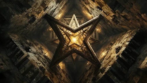 Ancient metallic star core glows inside a crumbling cavern