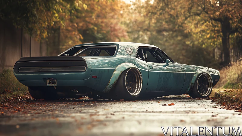 Low-slung teal muscle car prowls a damp autumn backroad