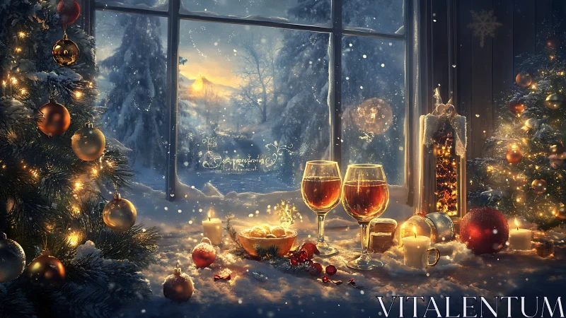 Festive winter table with glowing candles and mulled wine.