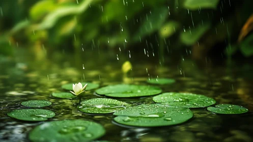 Water lily rests under soft rain on emerald pond.