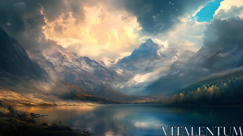 Sunlit alpine peaks rise above reflective mountain lake