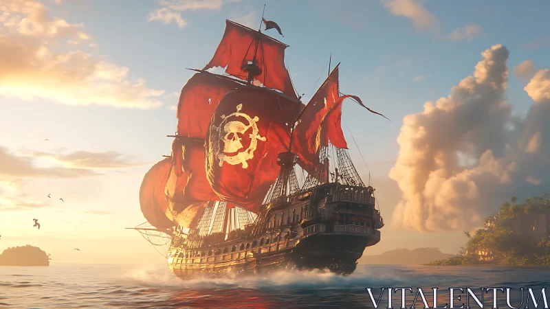 Crimson pirate ship cuts across a golden tropical sunrise