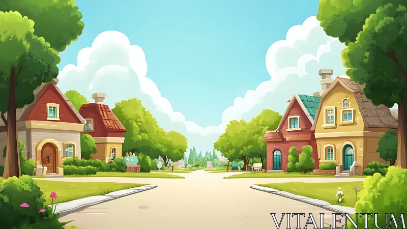 Sunny crossroads in a storybook neighborhood street.