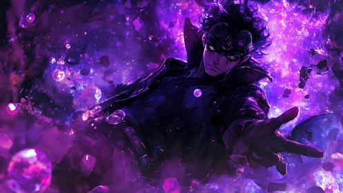 Mystic warrior reaches through swirling violet cosmic energy