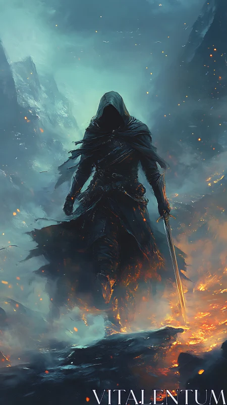 Hooded blade-walker strides through molten twilight ruin.