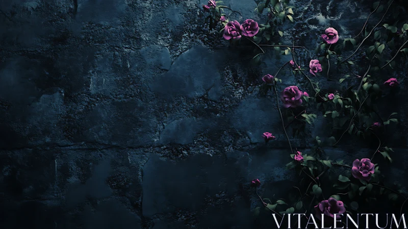 Purple Roses Against Dark Stone Wall