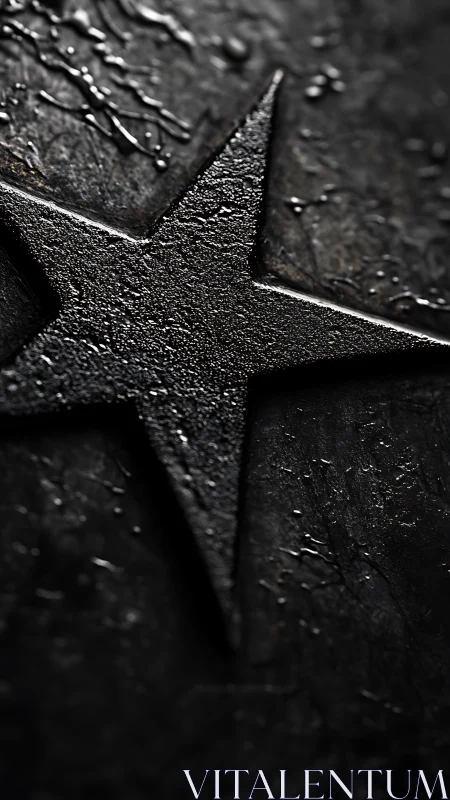 Textured black metal star emerges from dark surface.