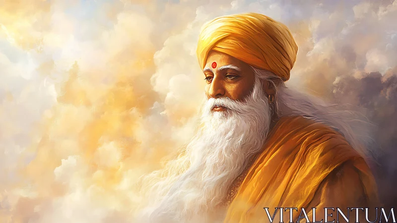 Digital painting portrait of elder sage in luminous clouds.