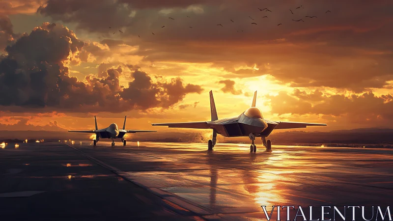 Stealth fighter jets on wet runway under blazing sunset sky.