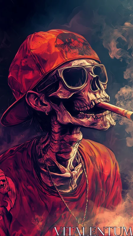 Smoking skeleton in red cap and sunglasses portrait.