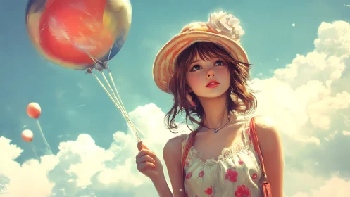 Sunny day dreamer holding bright balloons in the sky.