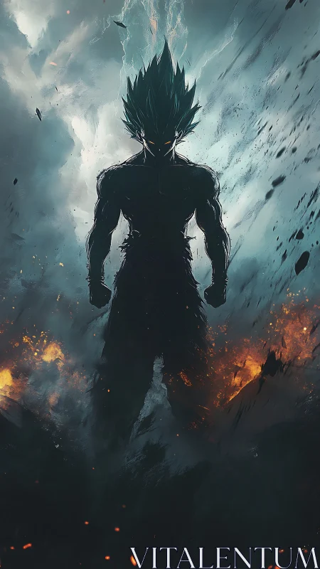 Silhouetted anime warrior in storm and rising flames.