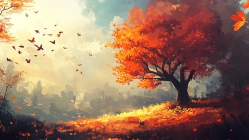 Fiery autumn tree rises over misty valley at sunrise