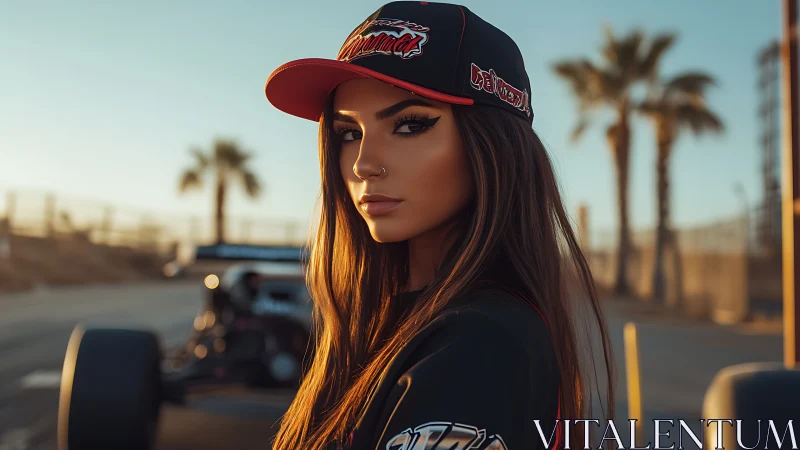 Sunset pit-lane muse in racing cap and desert glow.