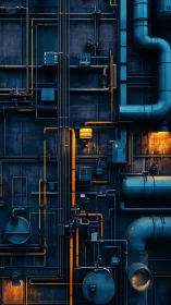 Industrial pipes glow with warm orange lines against steel blue