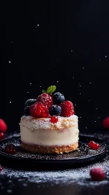 Individual cream cake with fresh berries and powdered sugar on dark plate