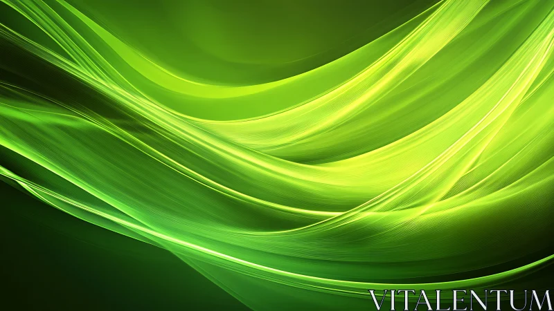 Curved neon-green light ribbons form layered flowing wave structures