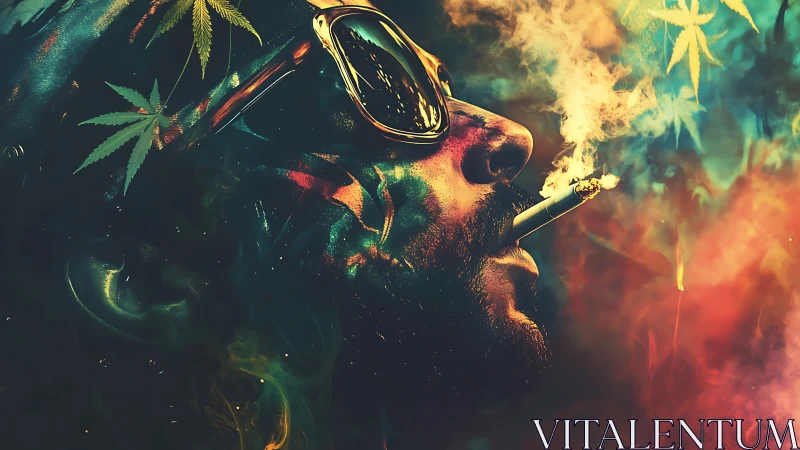 Man in profile smokes cigarette amid neon cannabis haze