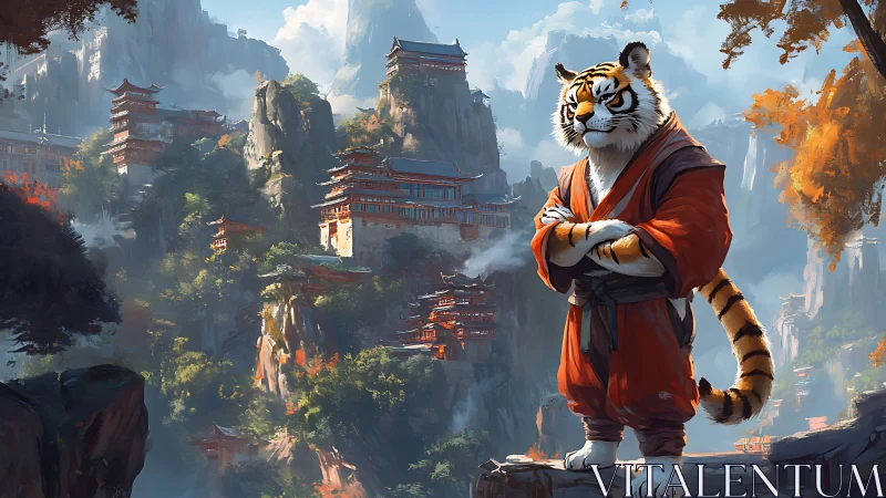 Tiger monk overlooks misty mountain temples, calm resolve.