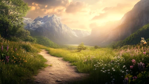 Digital painting of alpine valley trail at golden hour light.