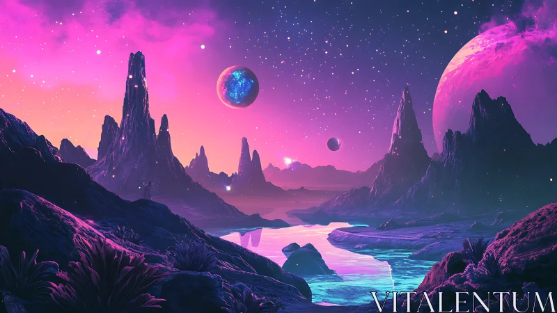 Neon twilight canyon beneath glittering alien moonscape.