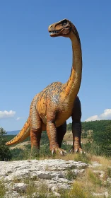 Life-sized sauropod dinosaur sculpture stands under clear sky