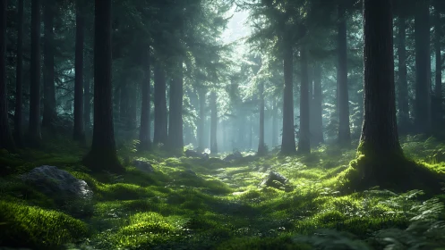 Ancient Forest Illuminated by Filtered Sunlight Through Canopy