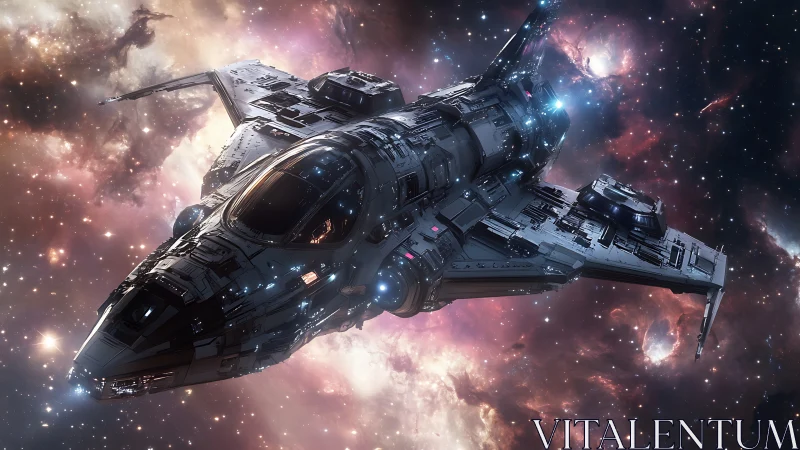 Detailed sci fi starship cruising through colorful nebula.
