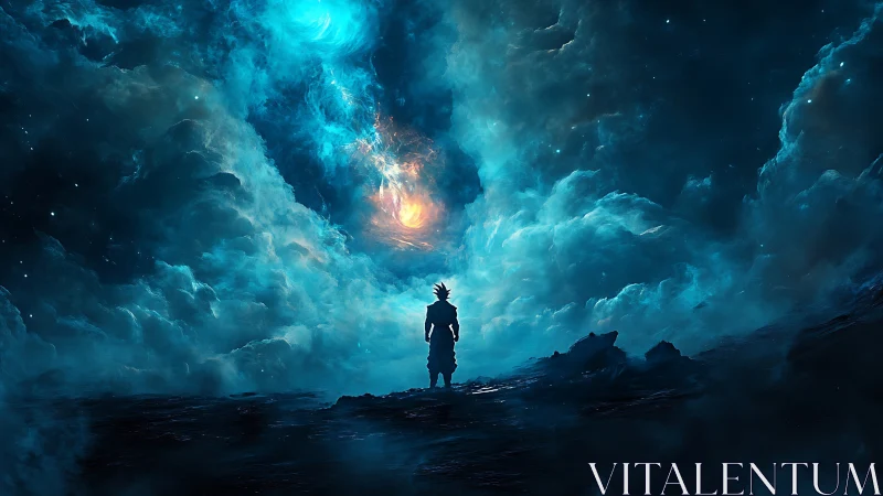 Lone cosmic wanderer beneath swirling blue starlit storm.