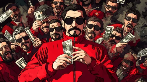 Group of men in red attire holding money in crowd scene.