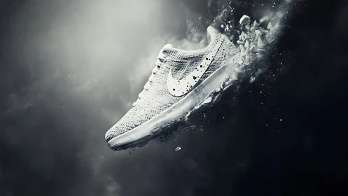 Exploding white running shoe rendered in dynamic digital realism