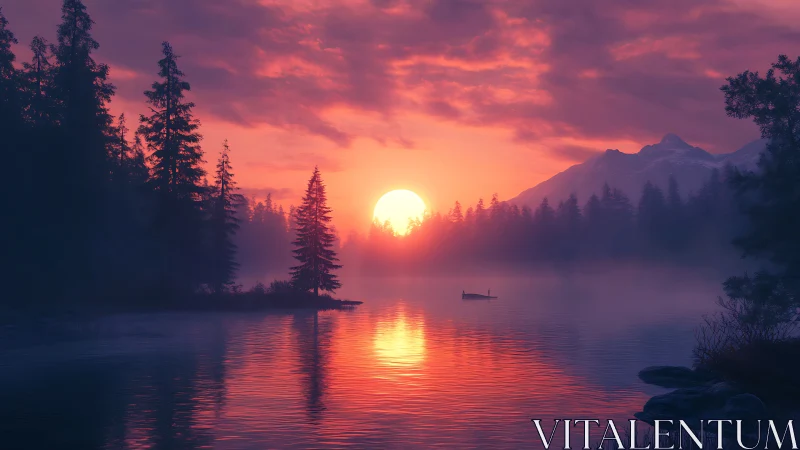 Crimson sunrise melts over misty pines and still lake. Period.