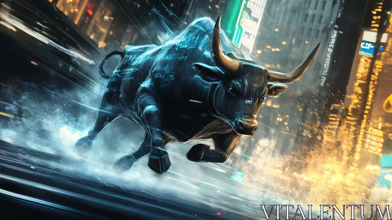 Charging cyber bull surges through neon city streets at night