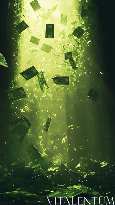Cascading dollar bills in luminous emerald corridor.