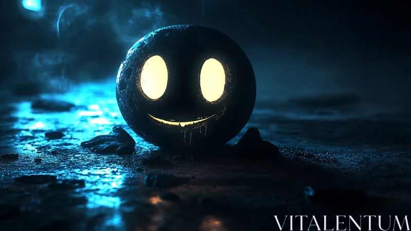 Backlit glowing jack-o’-lantern sphere illuminates wet ground