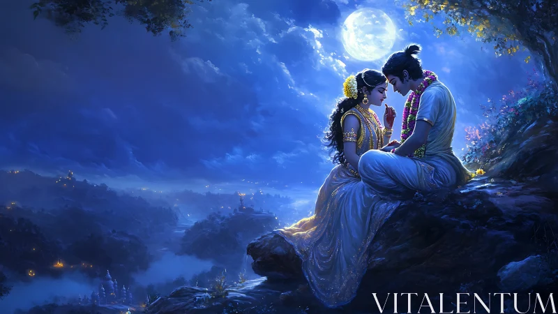 Moonlit Romantic Encounter: High-Dynamic-Range Digital Painting with Architectural Landscape