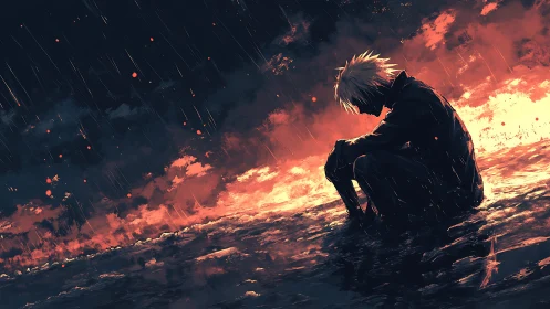 Rainlit loner at the edge of an ember drenched world.