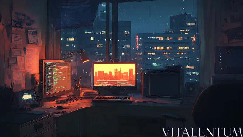 Dim workspace shows dual monitors before rainy city skyline