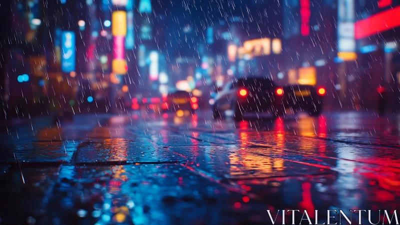 Rain falls on neon city street while cars drive through