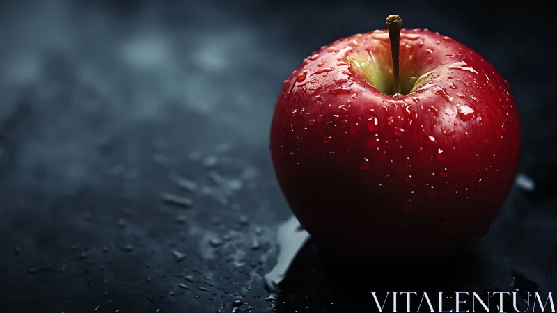 Glistening red apple resting on a moody midnight counter.