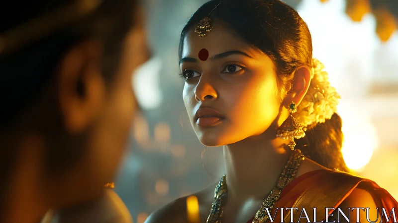 Soft golden light surrounds a thoughtful woman in tradition