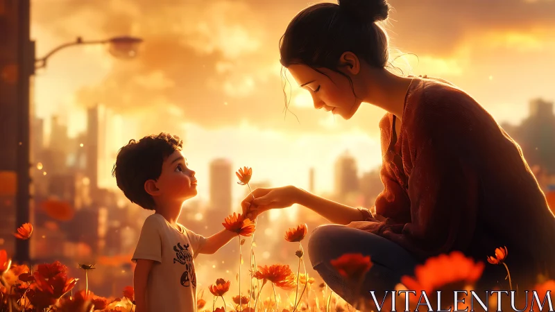 Woman and Child Sharing Flower Moment at Golden Sunset.