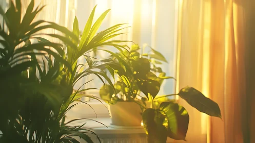 Indoor potted plants catch warm low sunlight beside curtains
