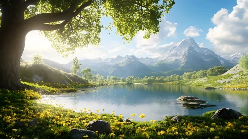 High dynamic range alpine lake under spring backlit oak canopy