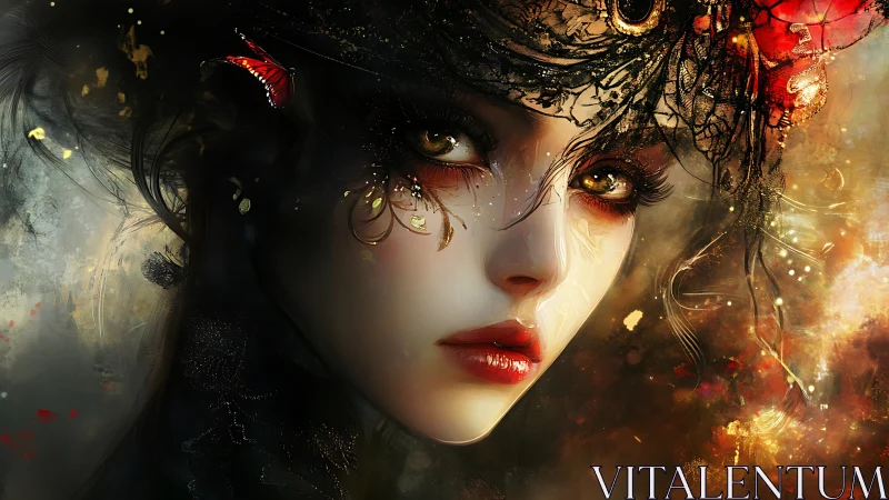 Firelit muse watches worlds bloom behind molten eyes