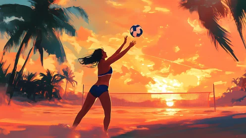 Sunset beach volleyball scene with dynamic female player.