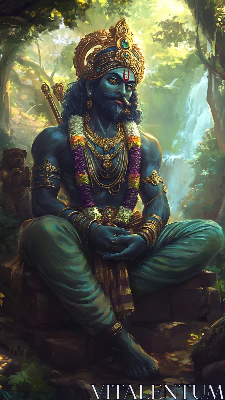 Blue-skinned forest deity sits in meditative regal stillness
