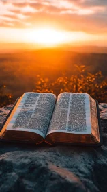 Open bible on rocky surface against low sunset horizon.