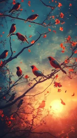 Digital painting of songbirds in fiery twilight canopy.