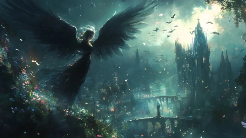 Shadowed angel watches a luminous gothic city in twilight calm